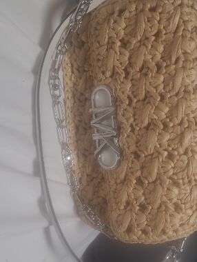 Michael Kors With Tags Woven Straw Crossbody with Silver Chain & Logo Accent